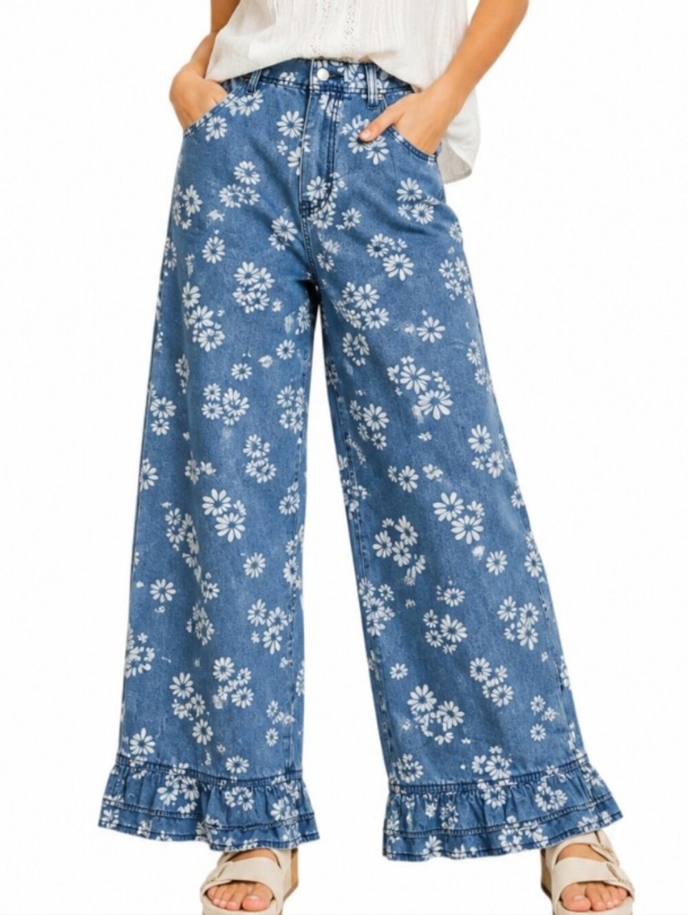 Chartou Daisy Wide Leg Floral Ruffle Hem Xlarge Jeans NWT Run SMALL fit Large